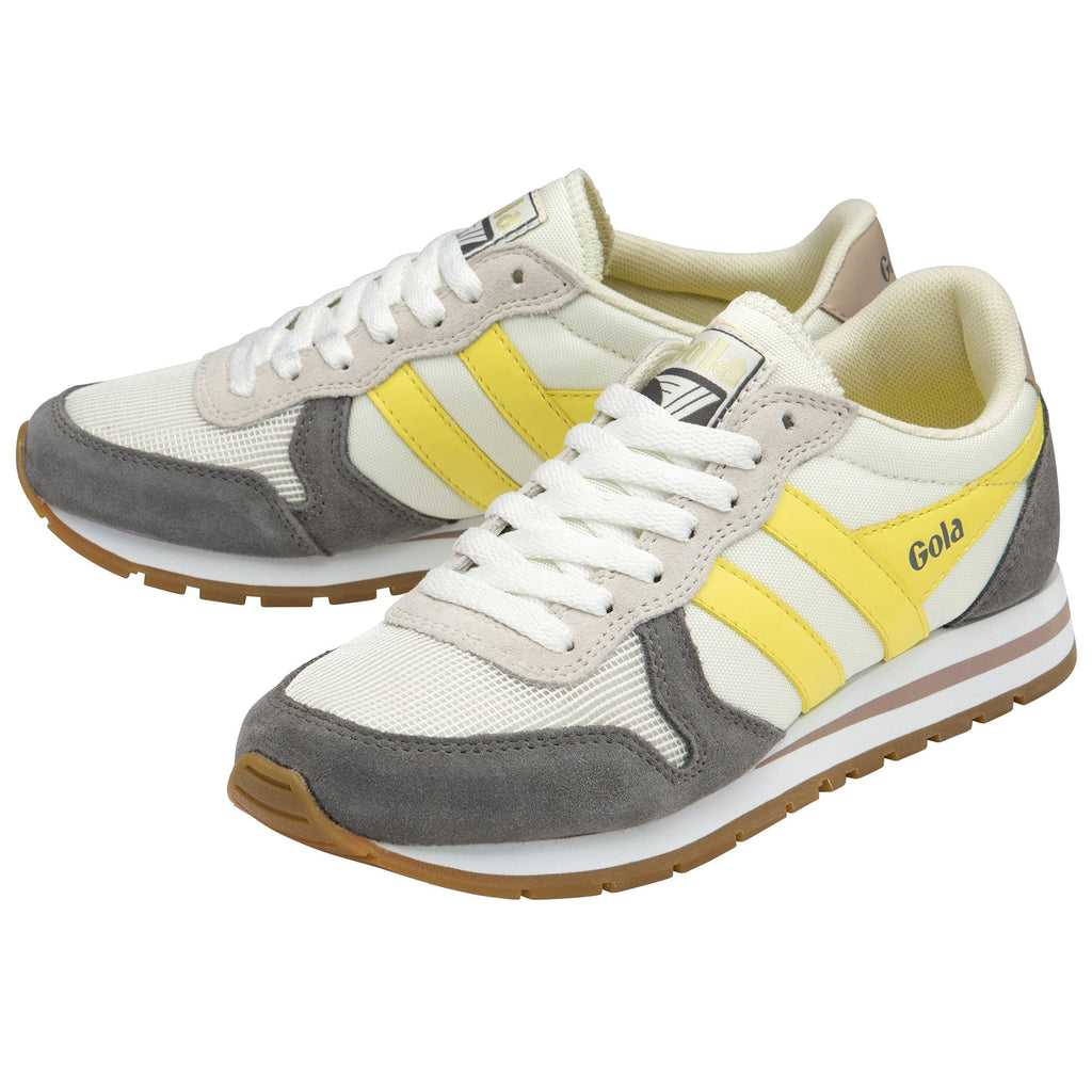 A pair of Gola men's Hurricane trainers in off-white and gray with yellow accents.