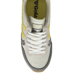 A top-down view of the Gola men's Hurricane trainer in off-white and gray with yellow.