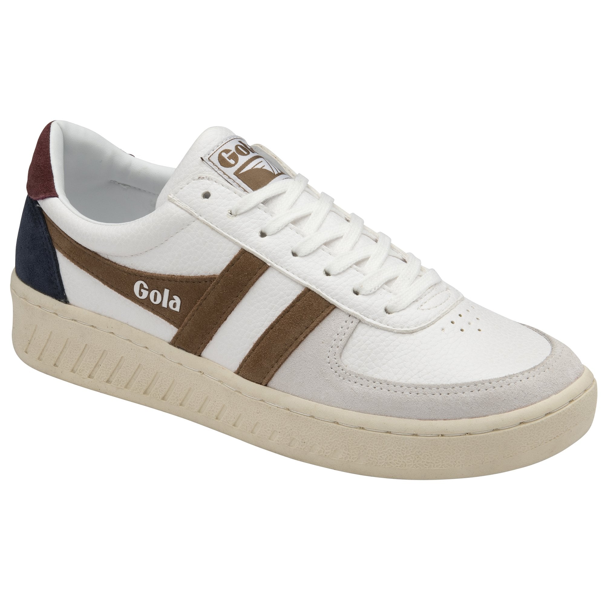 A white Gola sneaker with brown and navy accents.
