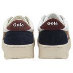 Back view of two white Gola sneakers with brown and navy accents, showing the Gola logo.