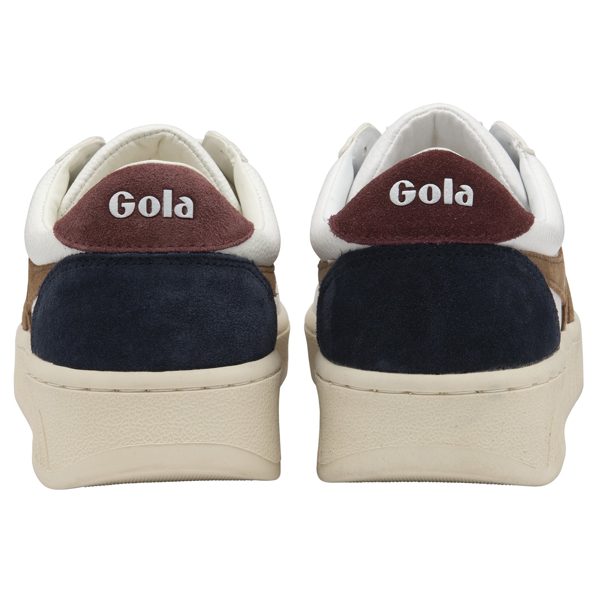 Back view of two white Gola sneakers with brown and navy accents, showing the Gola logo.