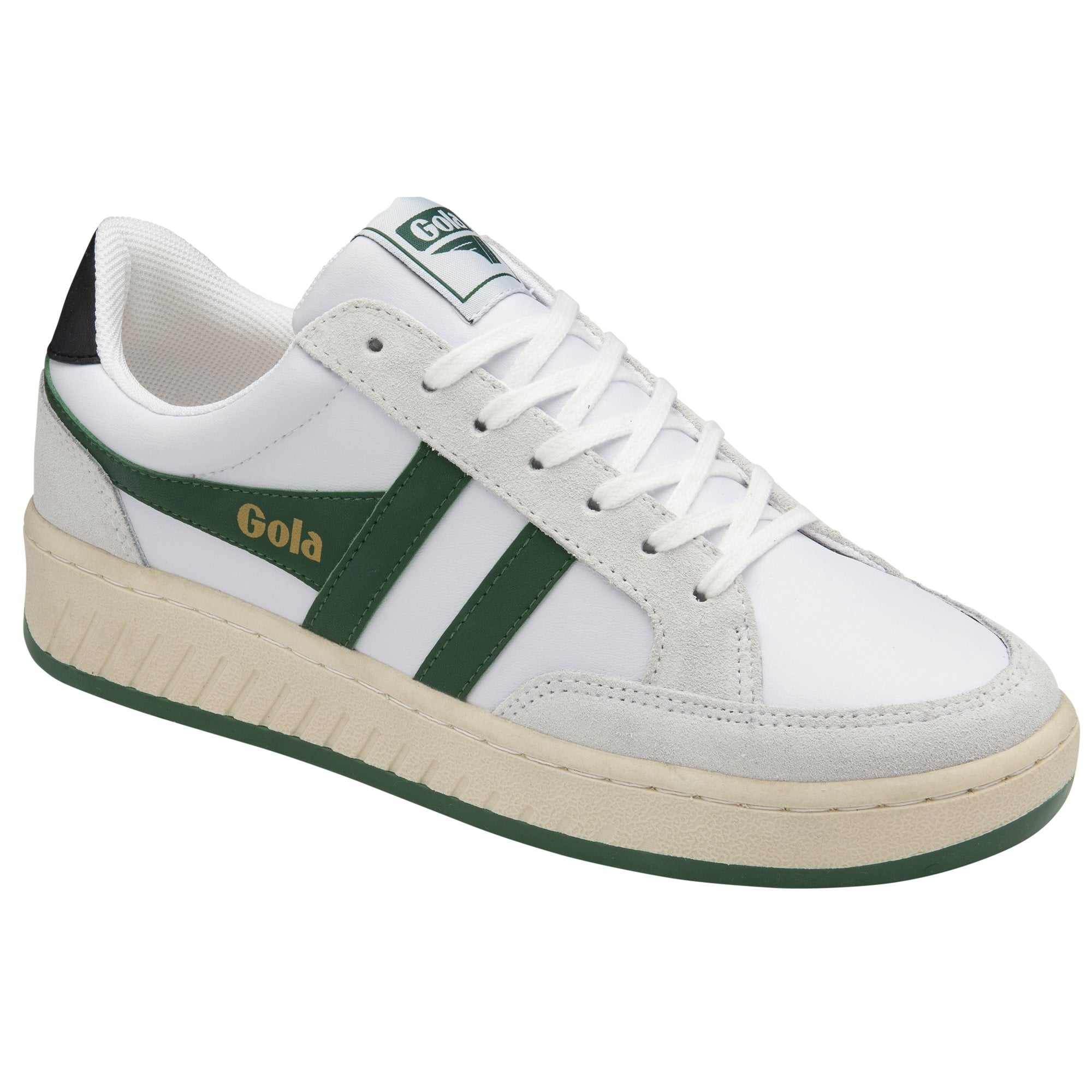A single white and green Gola sneaker at an angle.