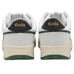A pair of white and green Gola sneakers from behind.