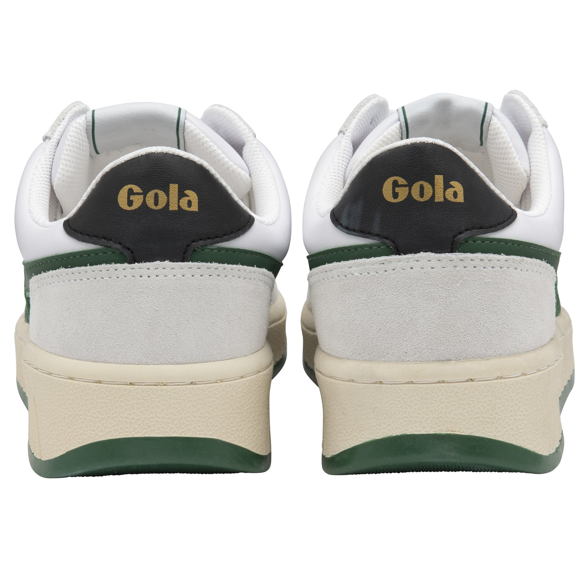 A pair of white and green Gola sneakers from behind.