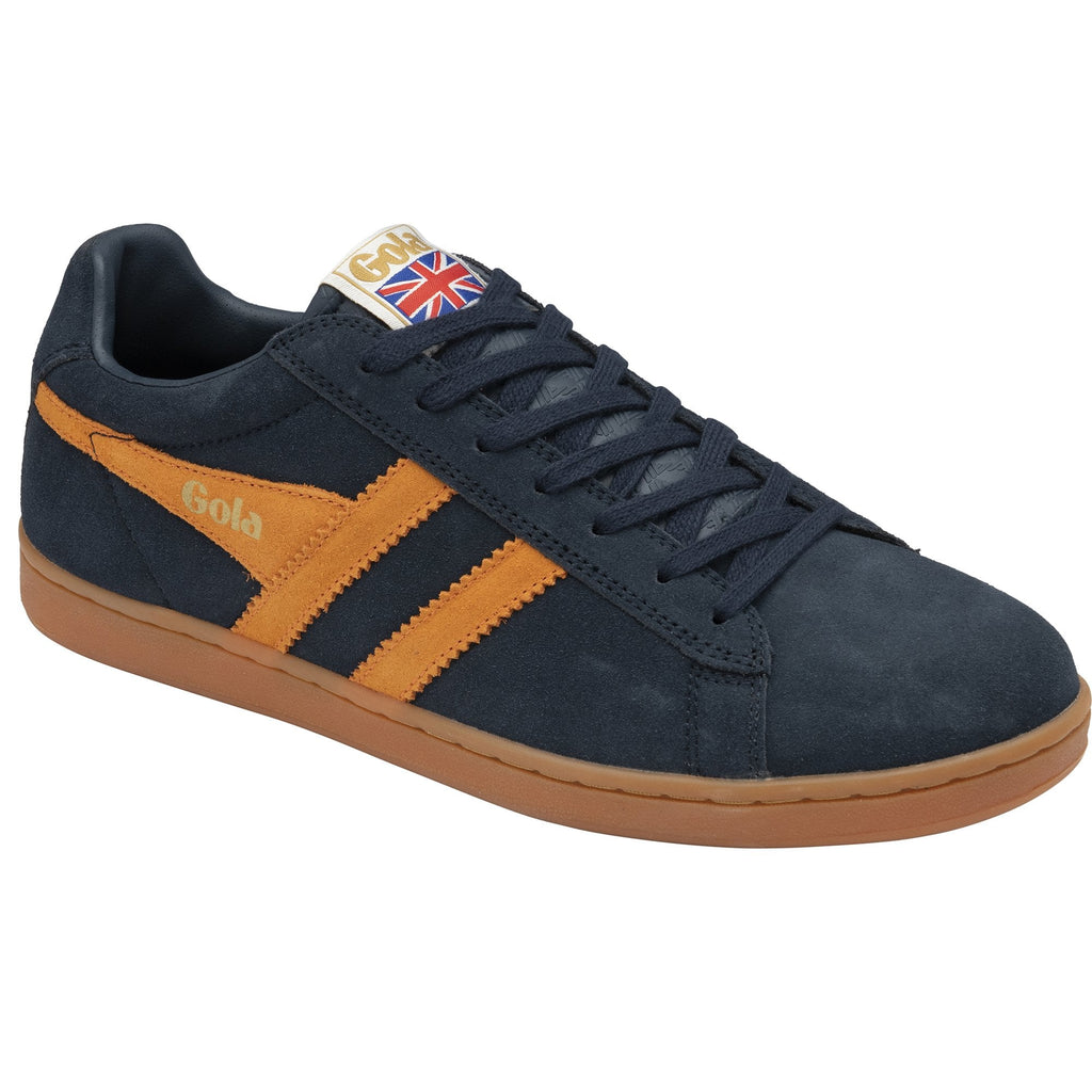 A close-up shot of a Gola men's sneaker in navy and orange, angled slightly.