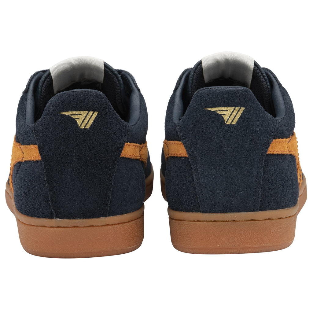 Pair of navy blue suede sneakers with tan stripes and gum soles, seen from the back