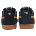 Pair of navy blue suede sneakers with tan stripes and gum soles, seen from the back