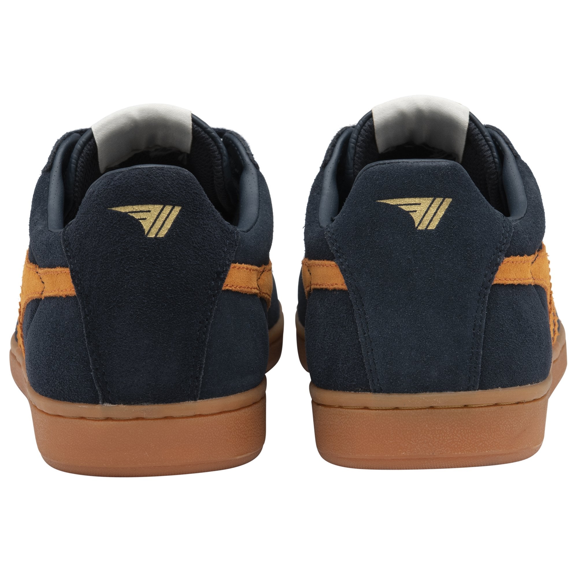 The back view of two Gola men's navy and orange sneakers, showing heel logos.