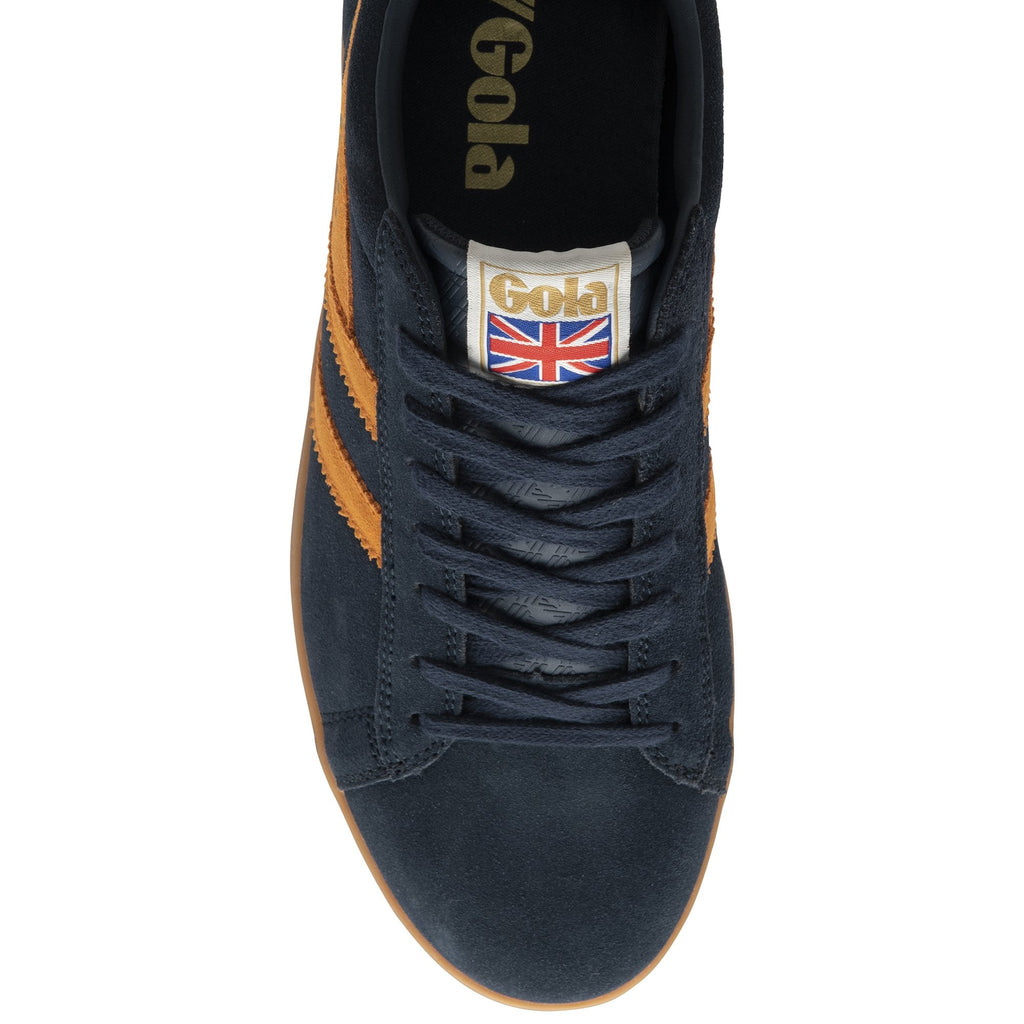 Top-down view of a single Gola men's navy and orange sneaker, highlighting laces.