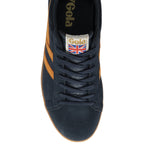 Top-down view of a single Gola men's navy and orange sneaker, highlighting laces.