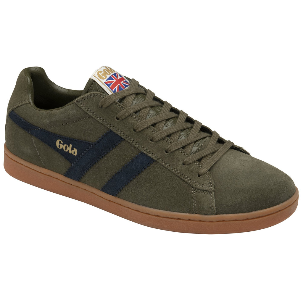 A single olive green Gola men's sneaker with navy stripes and a British flag logo on the tongue.
