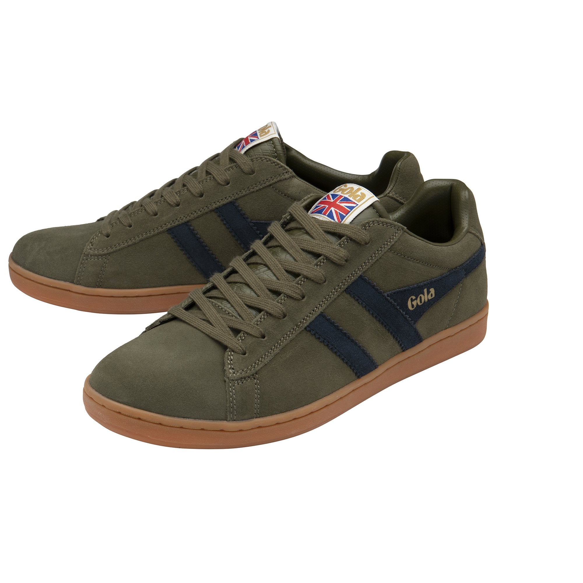 A pair of olive green Gola men's sneakers with navy stripes, viewed from the side.