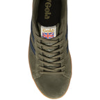 The top-down view of a single olive green Gola men's sneaker with navy stripes and laces.