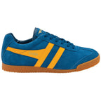 Side view of a single blue and yellow Gola Harrier suede trainer on a white background.
