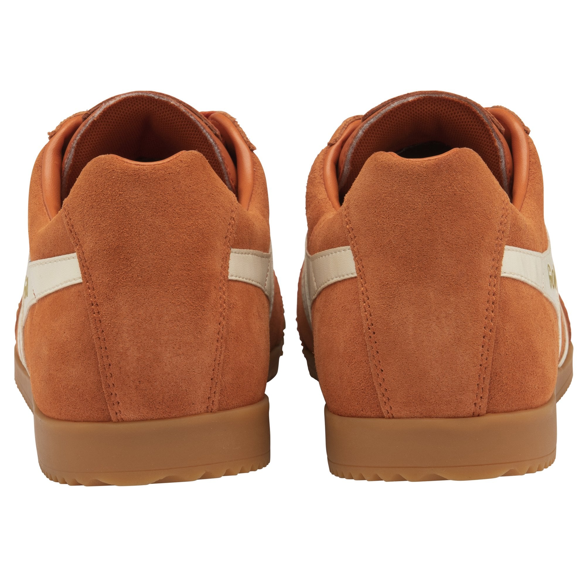 The back view of a pair of orange Gola Harrier trainers with white heel accents.