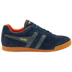 Side profile of a Gola men's Harrier shoe in navy with a gum sole and orange trim.