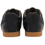 Rear view of two black sneakers with brown soles.