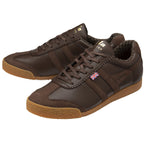 Pair of dark brown Gola Harrier trainers with gum soles and a Union Jack tag.