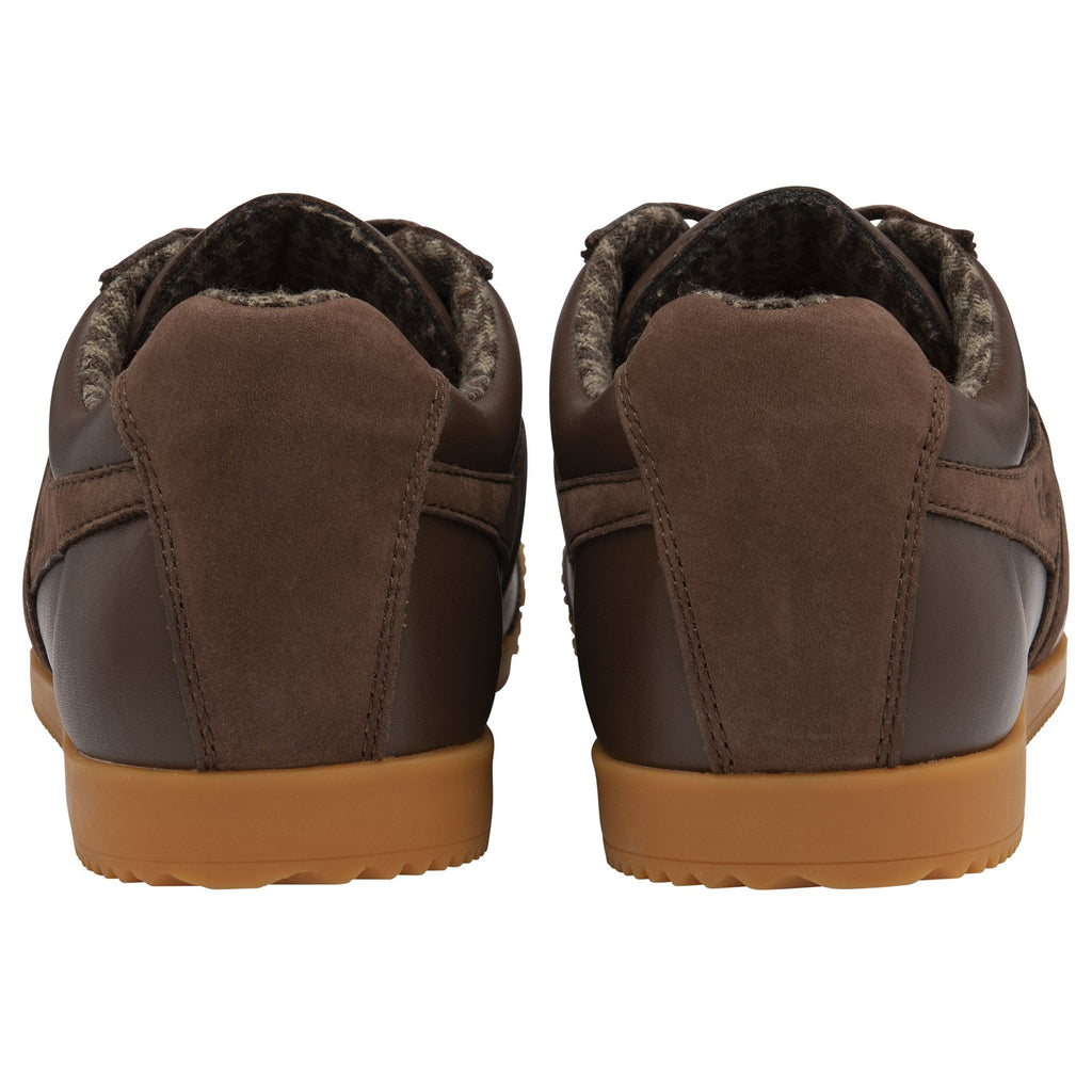 Rear view of two dark brown Gola Harrier trainers, showcasing the heel detail.
