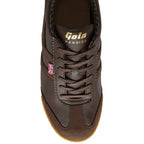 Top-down view of a dark brown Gola Harrier trainer, showing laces and branding.