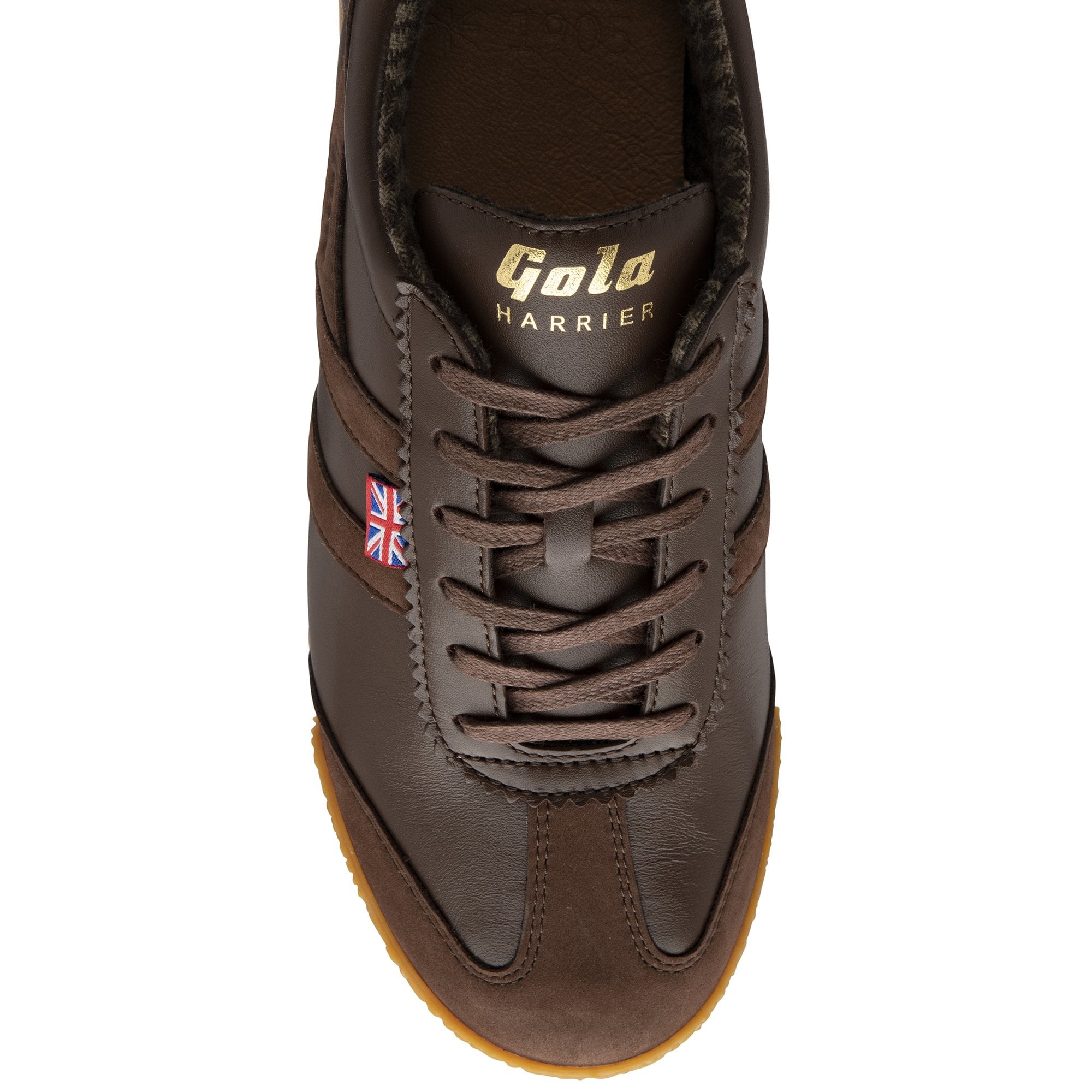 Top-down view of a dark brown Gola Harrier trainer, showing laces and branding.