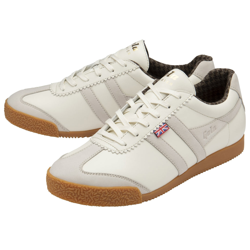 A pair of off-white sneakers with light grey stripes and gum soles, angled for display.