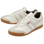 A pair of off-white sneakers with light grey stripes and gum soles, angled for display.