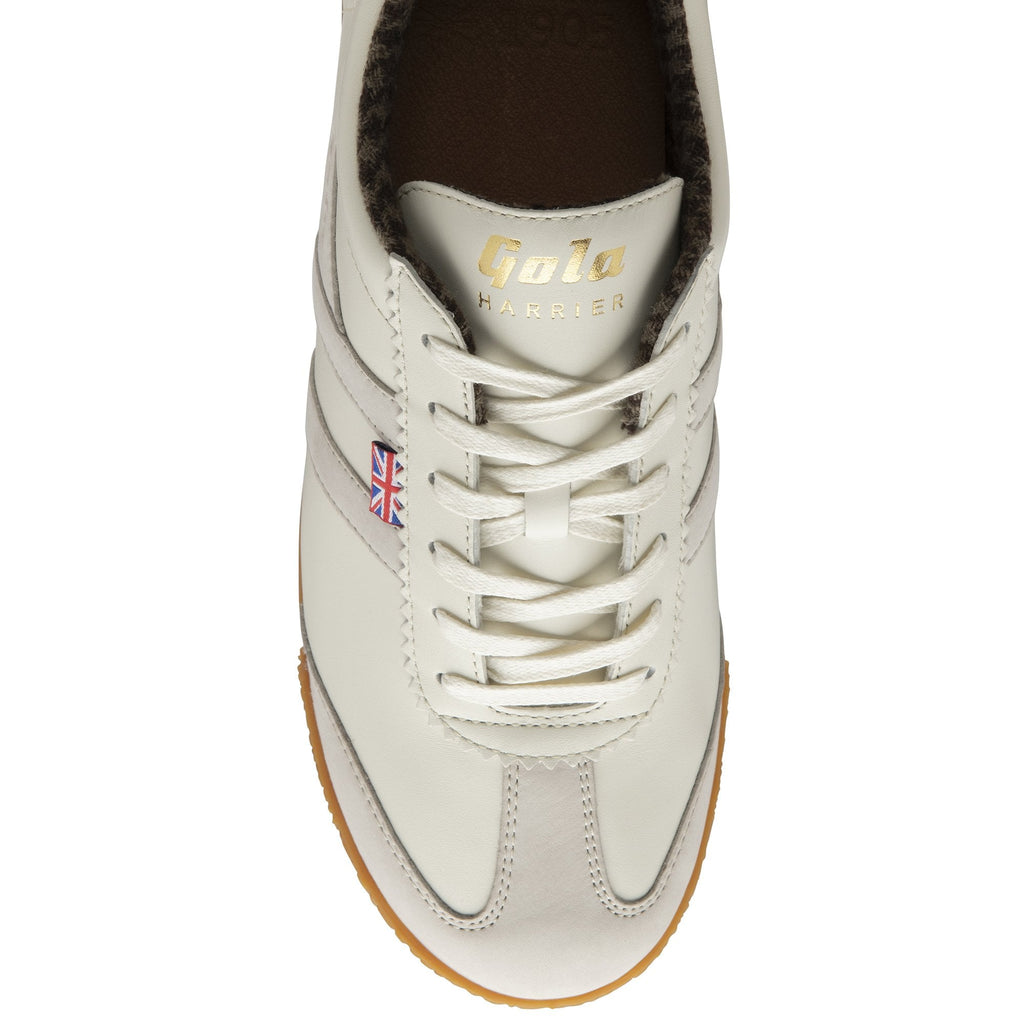 The top-down view of a single off-white sneaker with light grey stripes and gum sole.