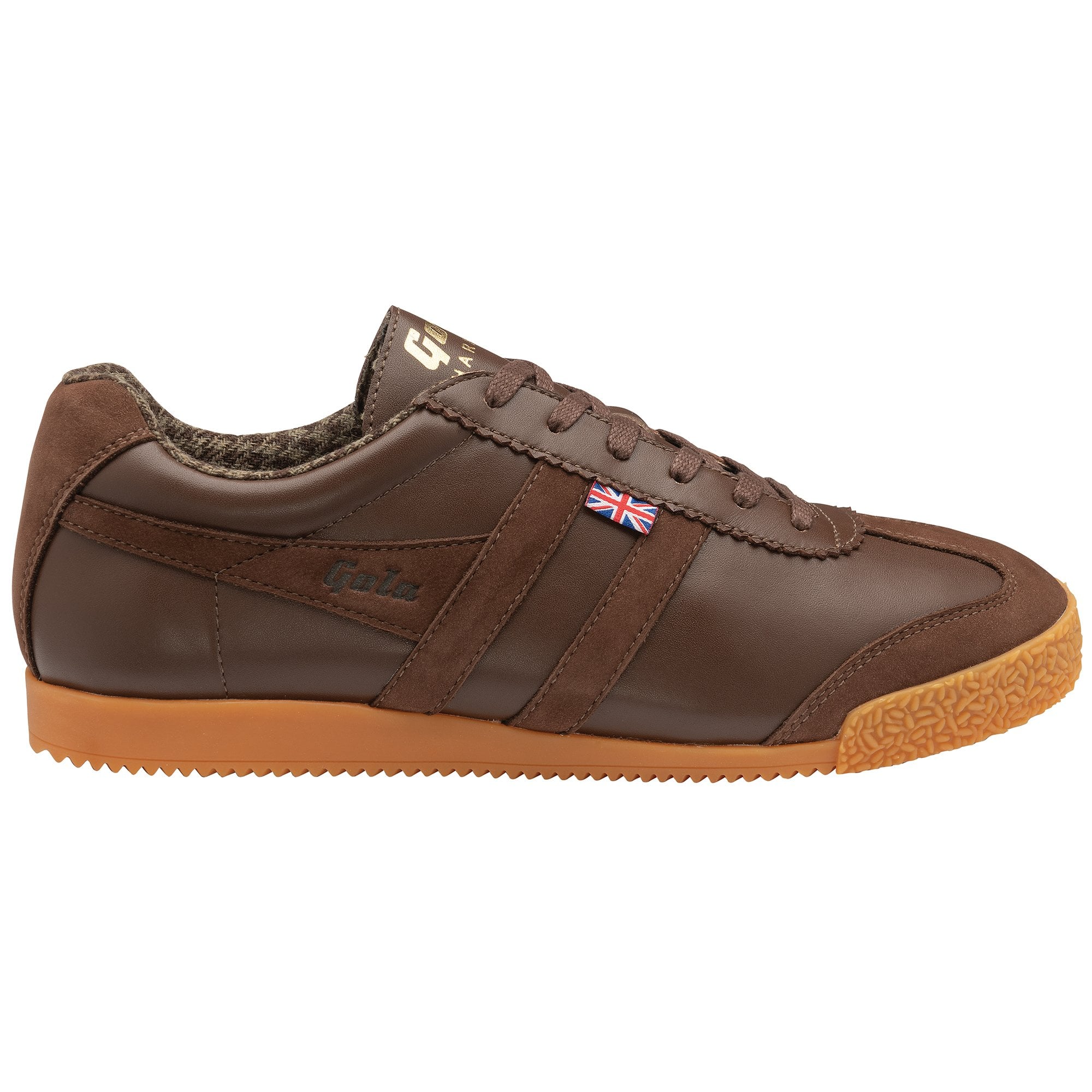 Side profile of a Gola Harrier trainer in dark brown leather with a gum sole.