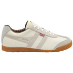 A single off-white sneaker with light grey stripes and gum sole, viewed from the side.