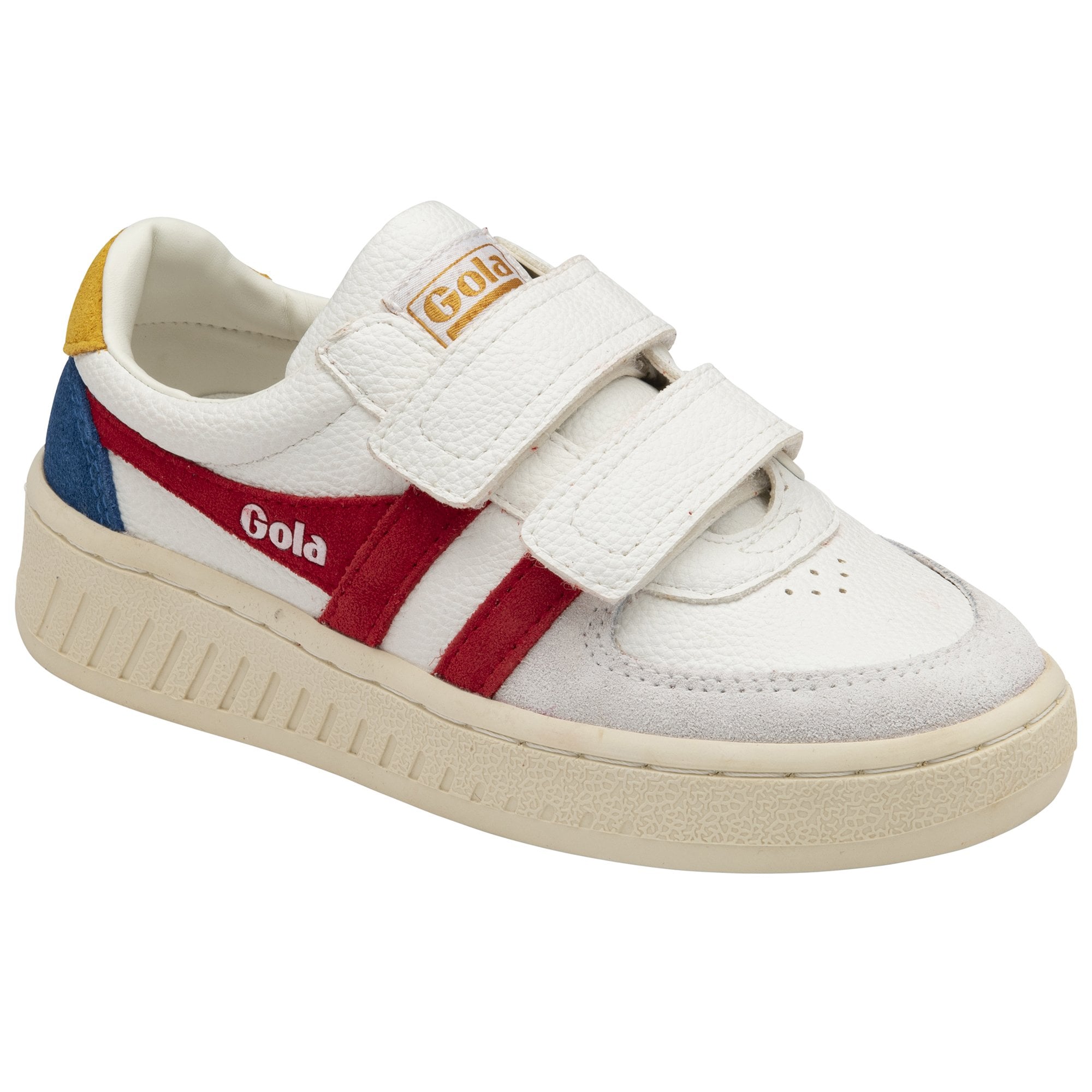 A white Gola sneaker with red stripes, blue and yellow accents, and two velcro straps.