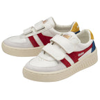 A pair of white Gola sneakers with red stripes, blue and yellow accents, and two velcro straps.