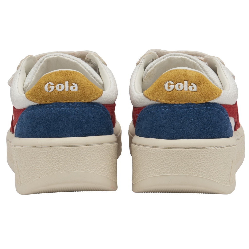 The back view of a pair of white Gola sneakers with blue and yellow accents.