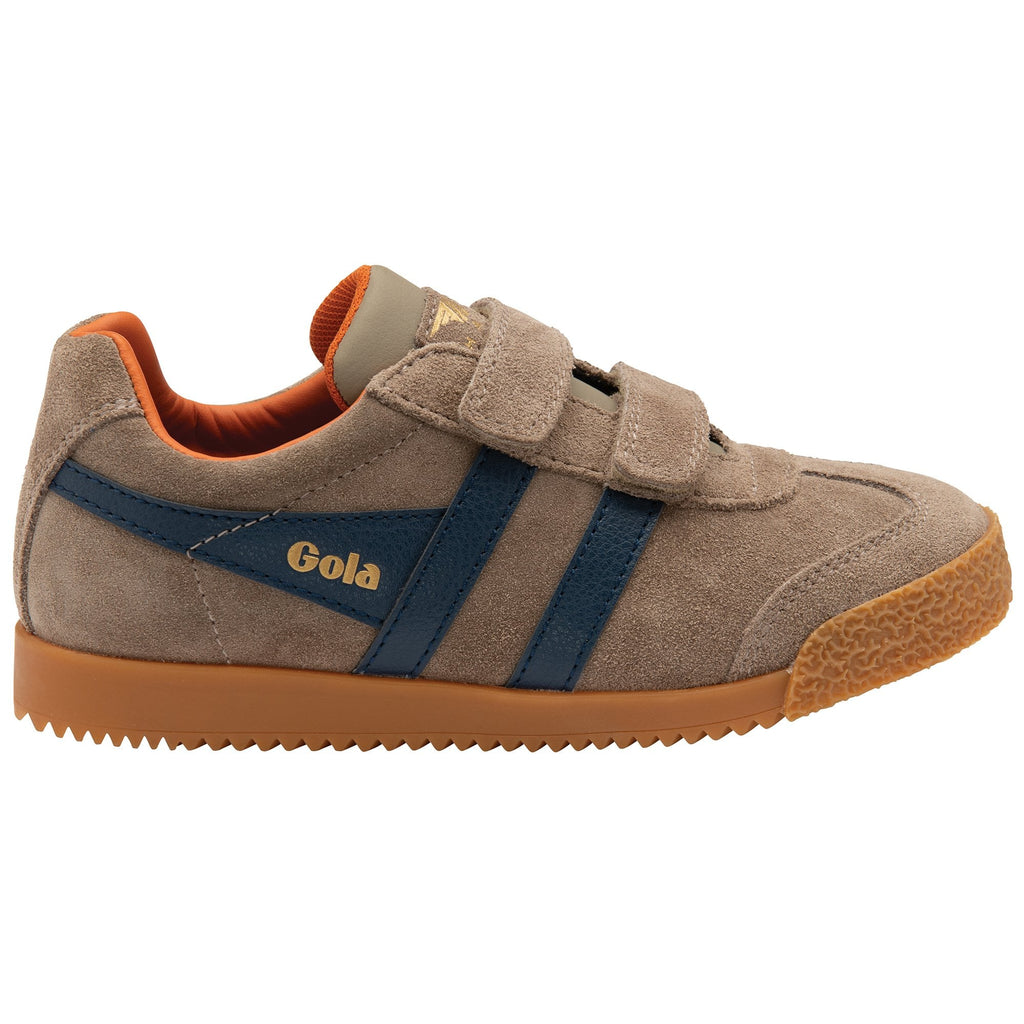 Brown suede Gola kids' sneaker with navy stripes and Velcro straps, side view.