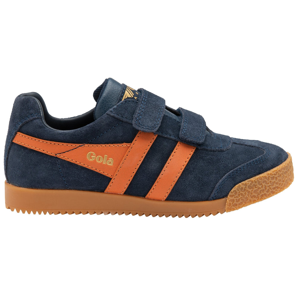 Blue and orange Gola trainers with velcro straps and gum soles, right side profile.