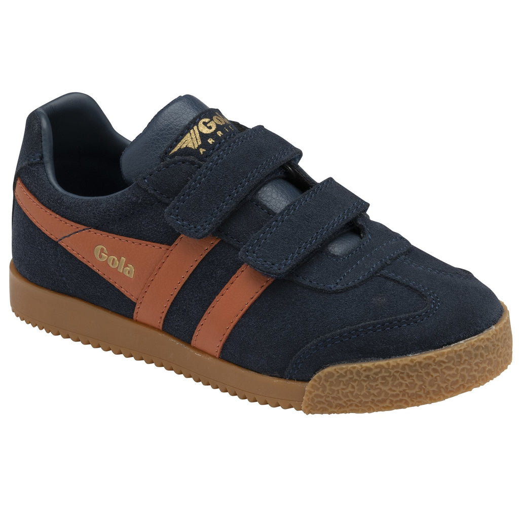 Blue and orange Gola trainers with velcro straps and gum soles, front left profile.