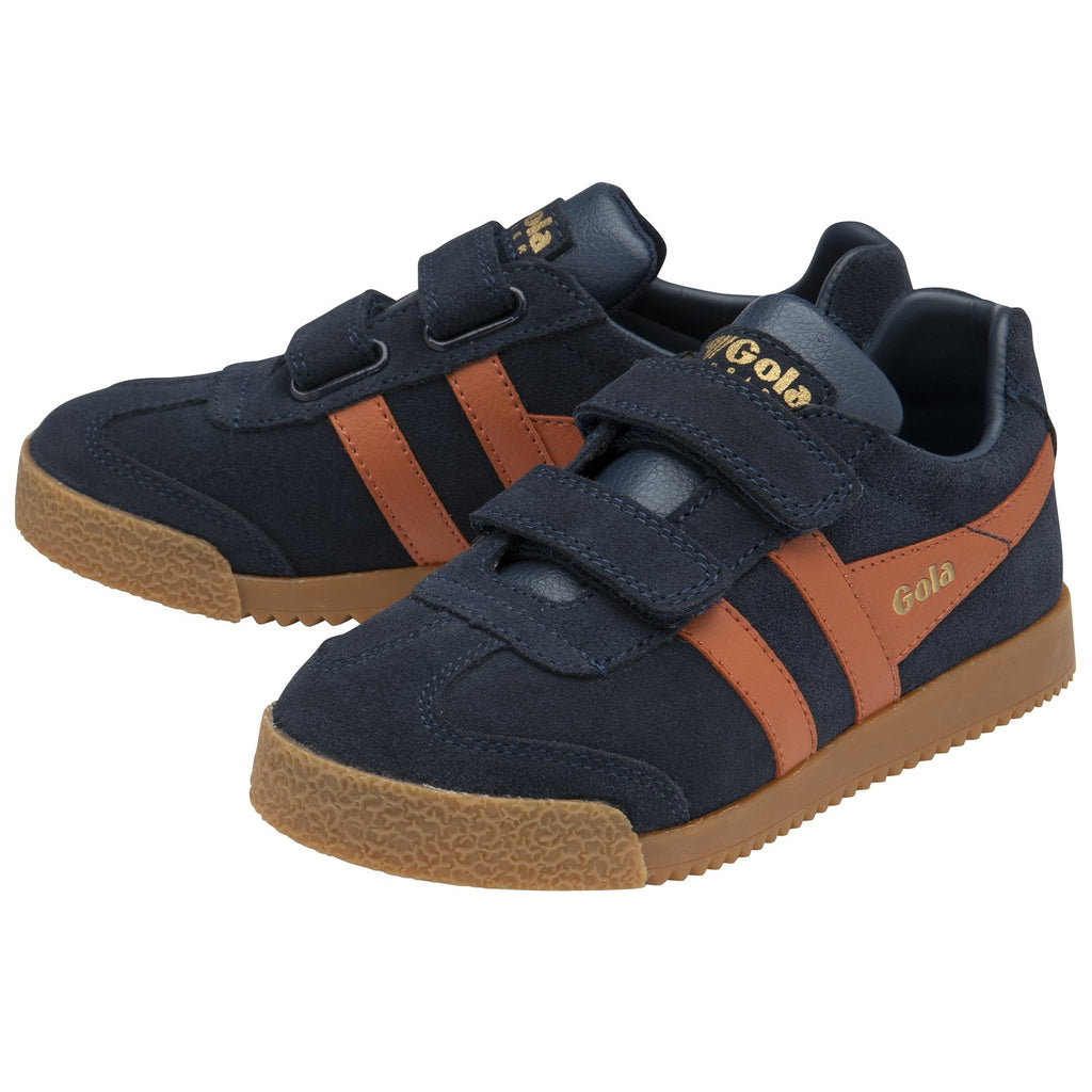 Pair of blue and orange Gola trainers with velcro straps and gum soles.