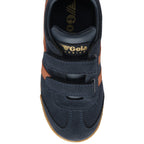 Top down view of a blue and orange Gola trainer with velcro straps and gum sole.