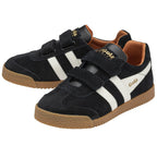 Pair of black and white Gola trainers with Velcro straps and brown soles.