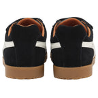 Pair of black and white Gola trainers with brown soles, seen from the back.