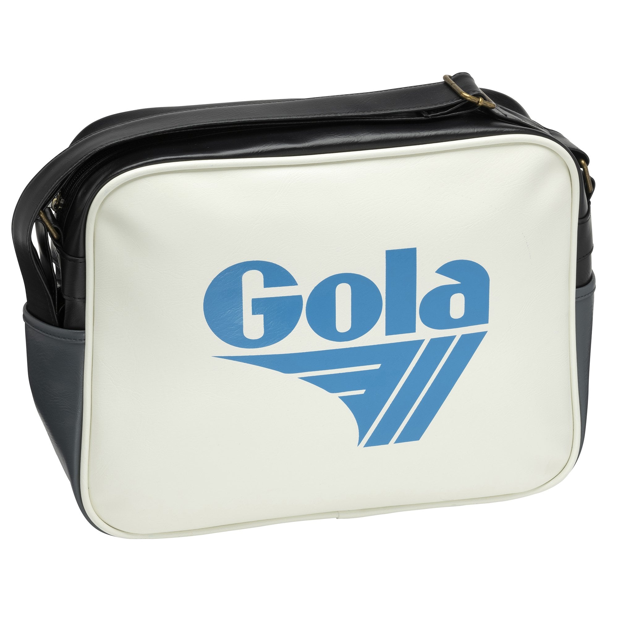 A white and black messenger bag with the blue Gola logo on the front, angled slightly.