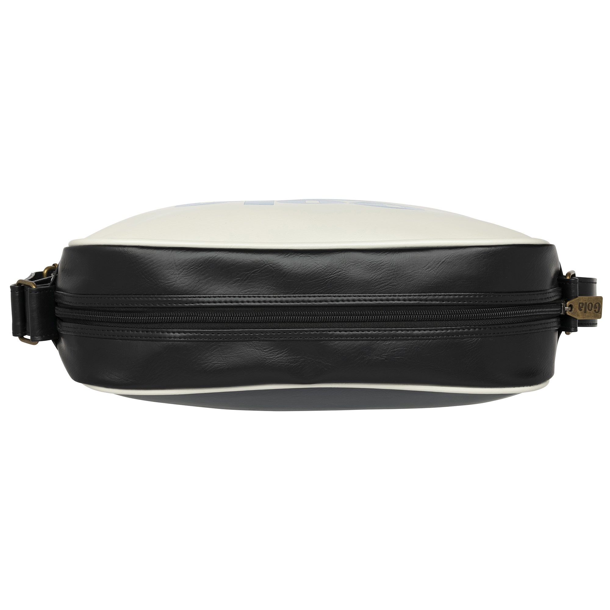 Top view of a black and white messenger bag showing the zipper closure.