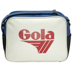 Front view of a white, blue, and black Gola messenger bag with red logo.