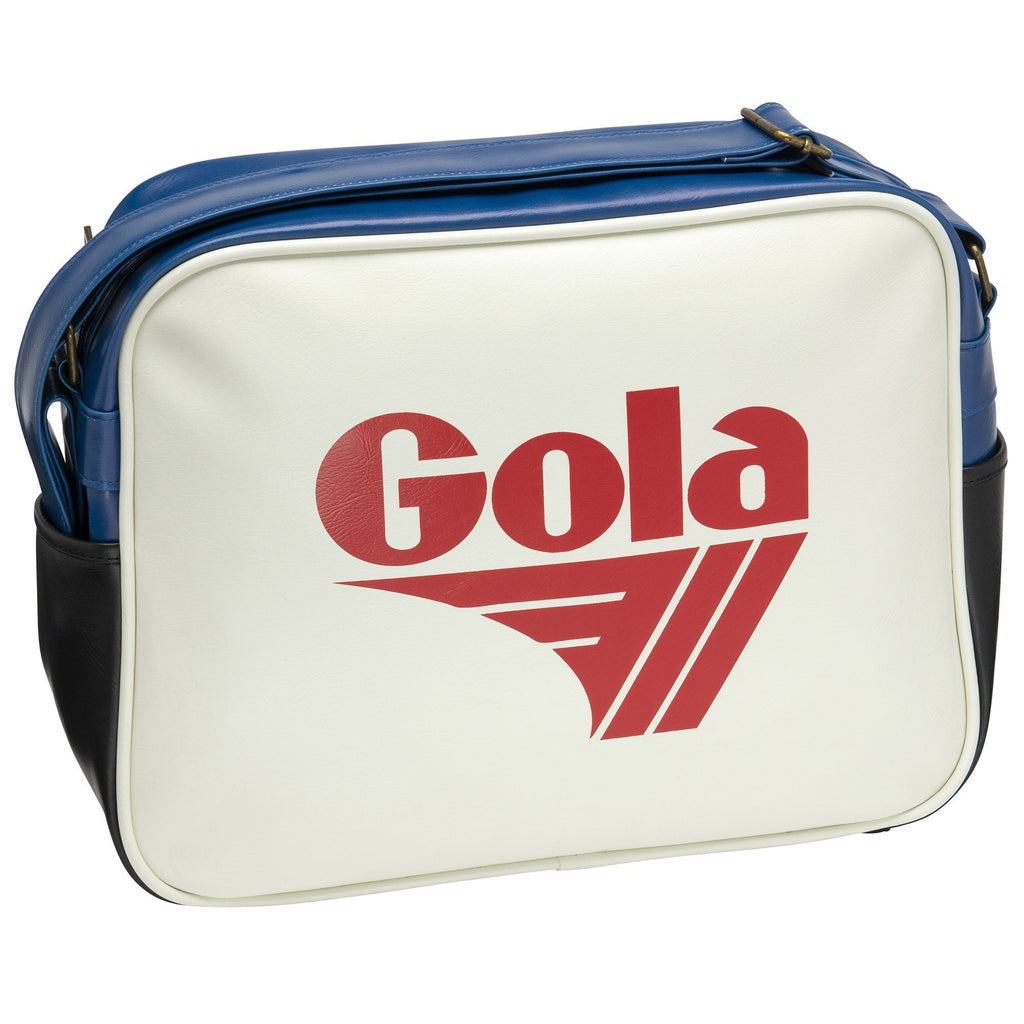 Front view of a white, blue, and black Gola messenger bag with red logo.