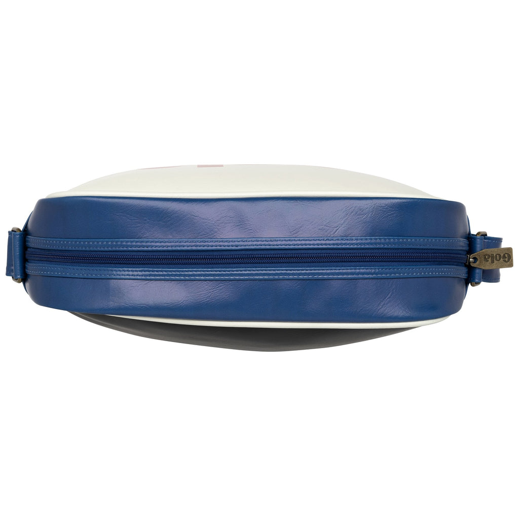 Top view of a blue and white Gola messenger bag, showing the zipper closure.