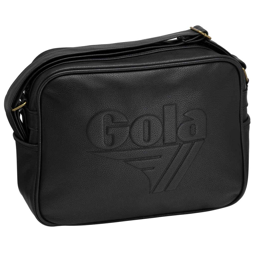 Black Gola messenger bag, angled to show the side pocket.