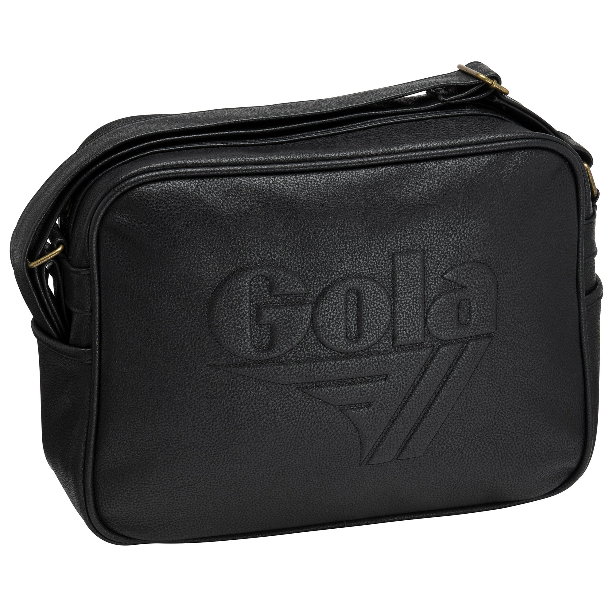 Black Gola messenger bag, angled to show the side pocket.