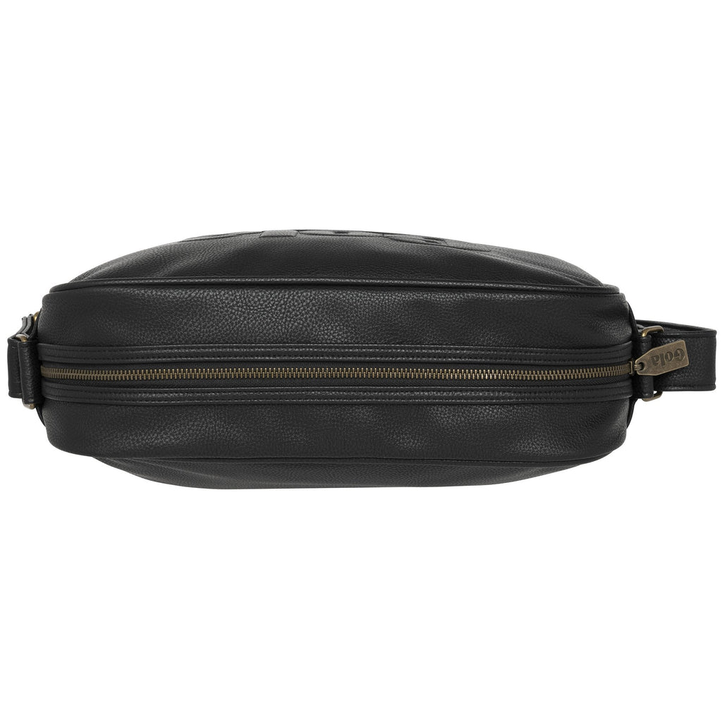 Top view of a black Gola messenger bag, showing the main zipper closure.