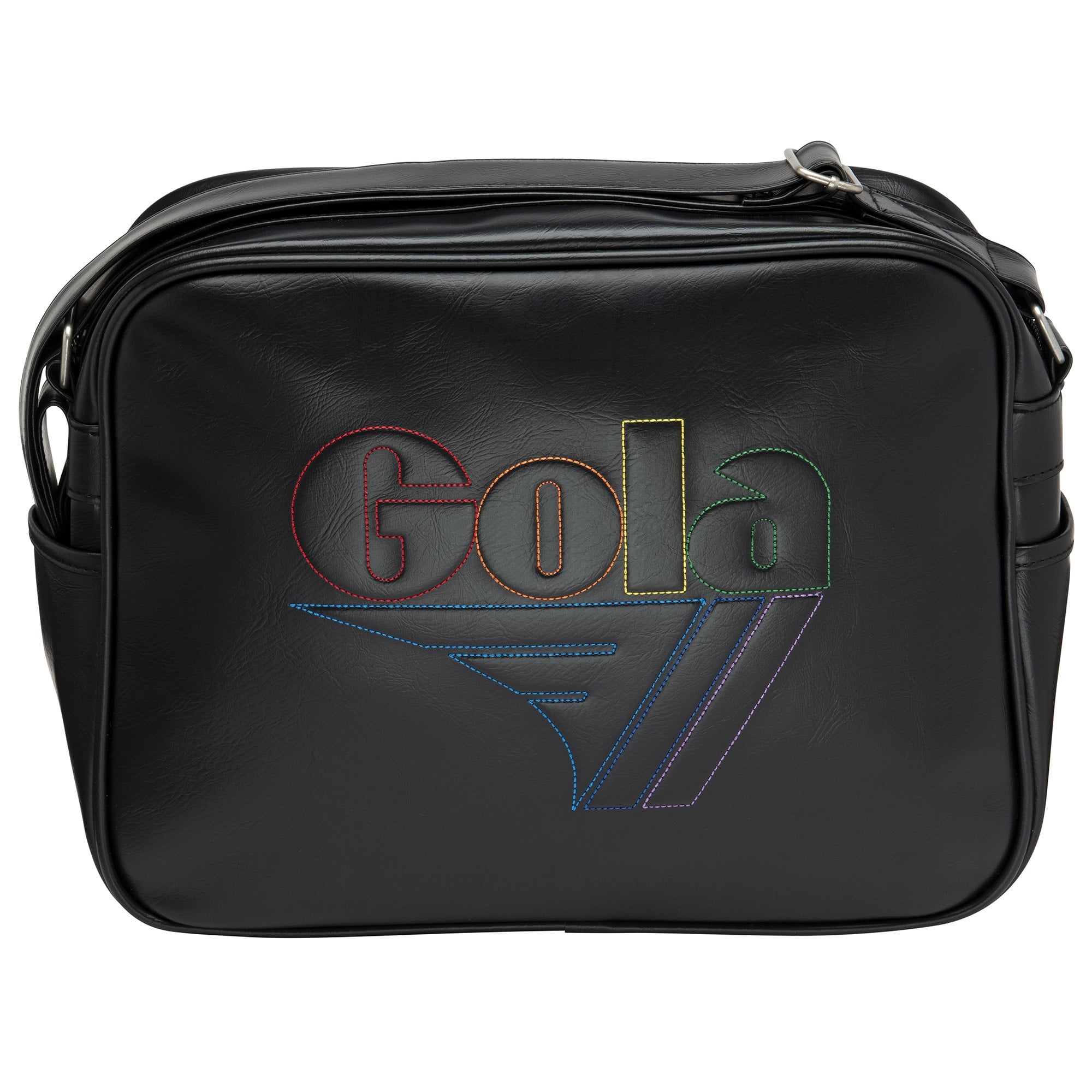Black shoulder bag with a colorful Gola logo on the front, angled view.
