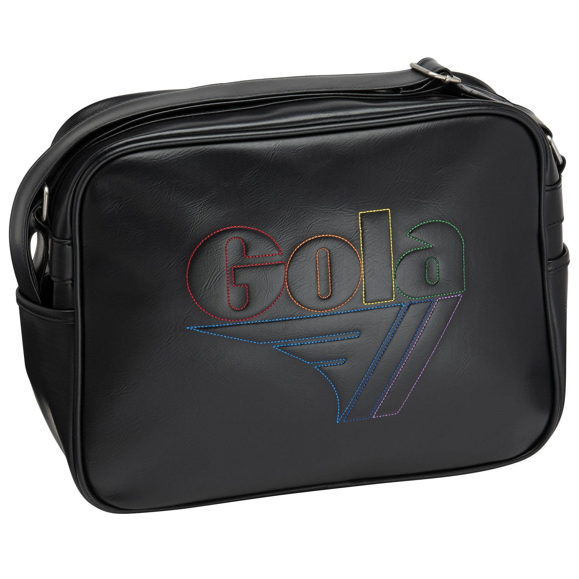 Black shoulder bag with a colorful Gola logo on the front, straight view.
